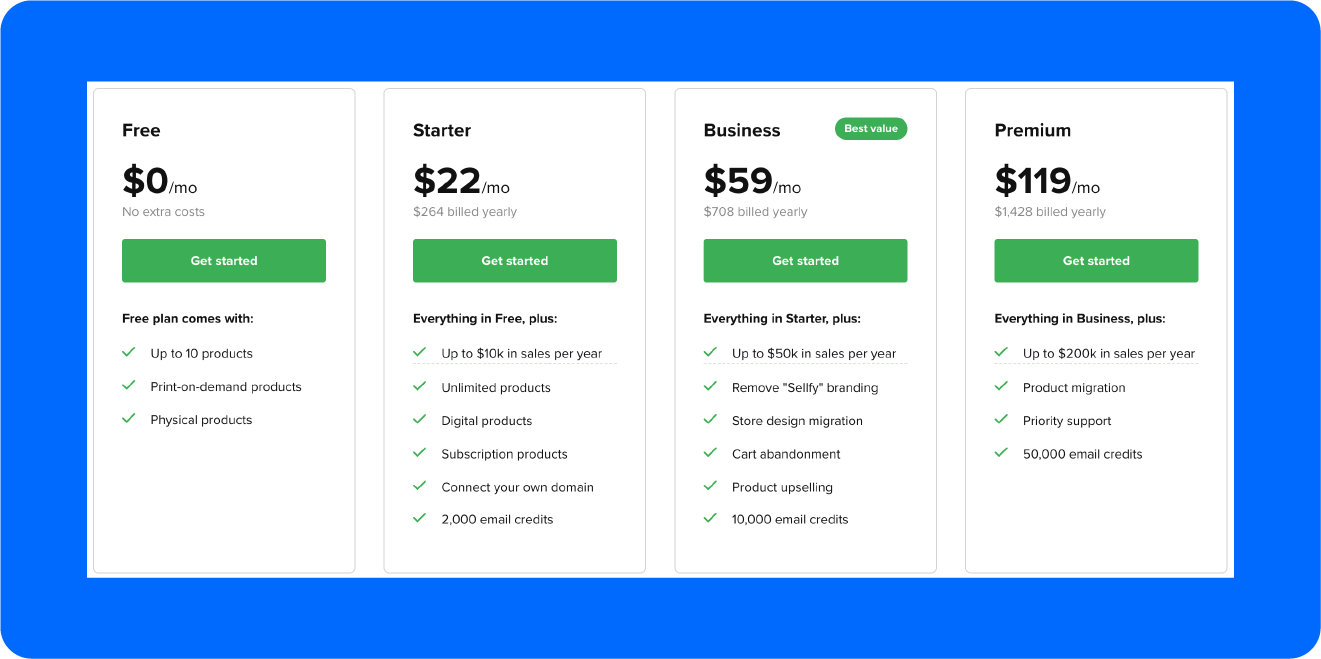 A screenshot of Sellfy’s pricing page, one of the leading Podia alternatives.