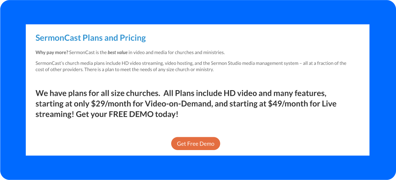 A screenshot of SermonCast's pricing