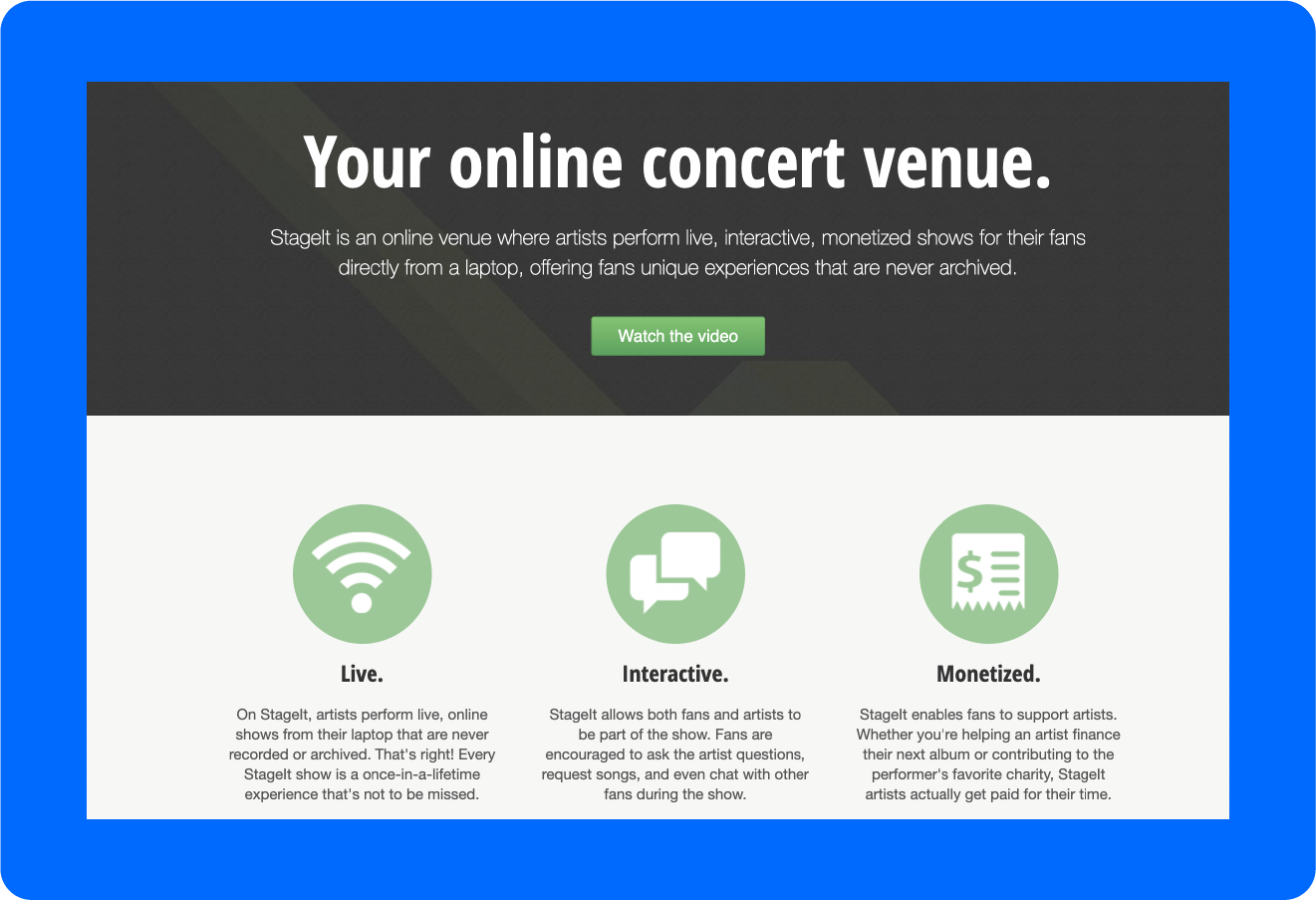 A screenshot of StageIt’s platform.