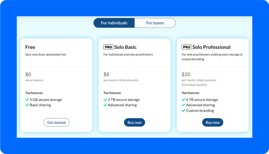 A screenshot of Sync’s pricing page, one of the best video storage solutions.