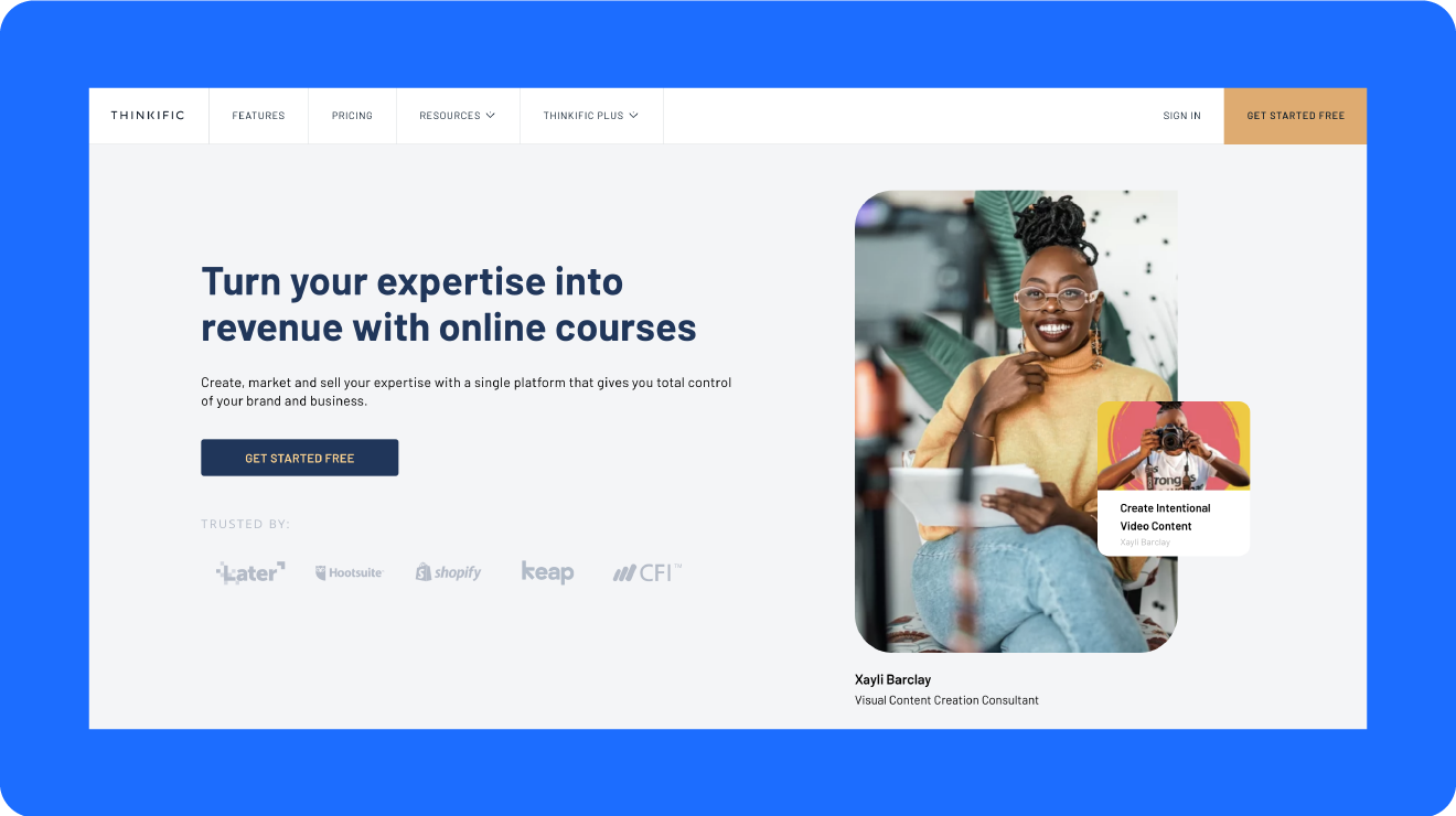 A screenshot of Thinkific’s home page, one of the leading Podia alternatives.