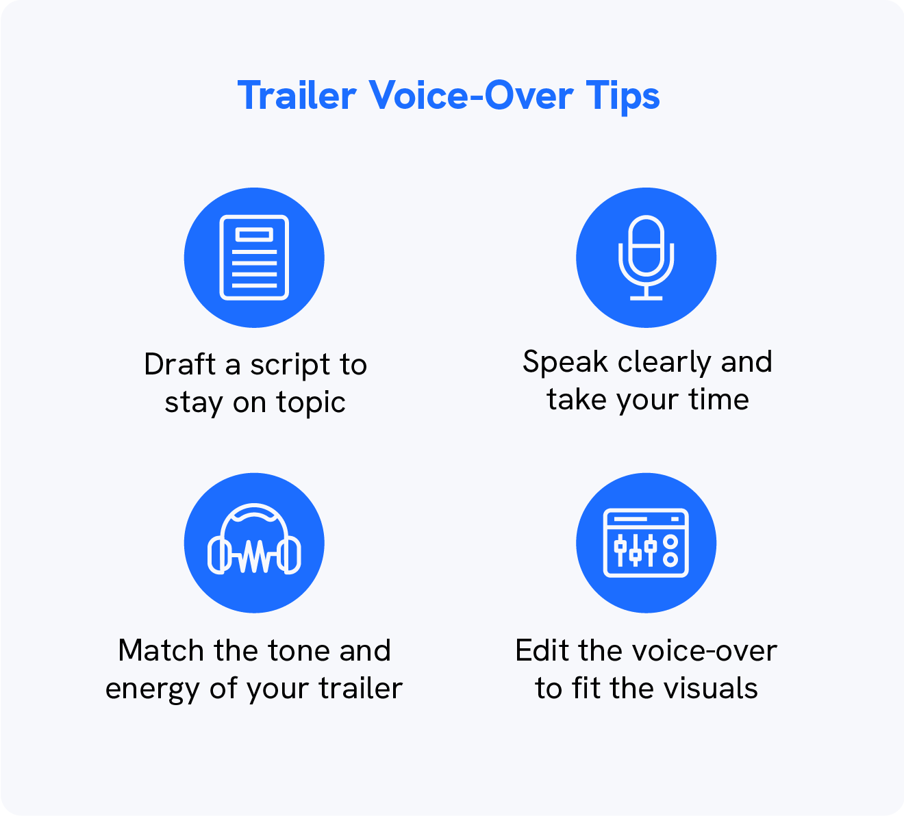 An informative graphic about voice-over tips when it comes to how to make a trailer for a channel or product.