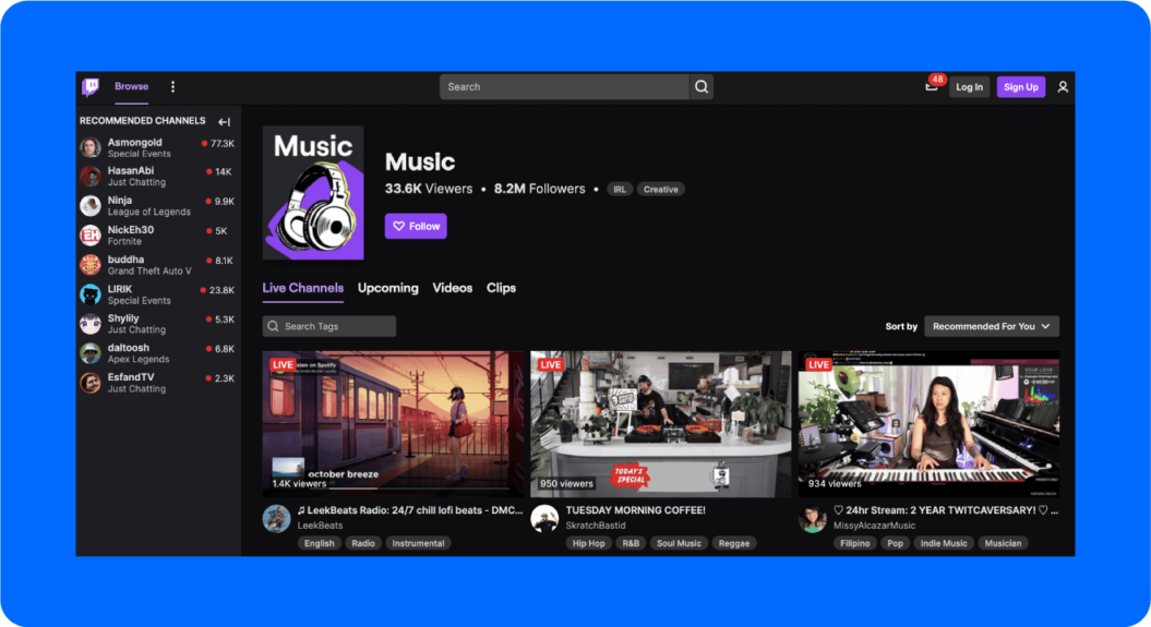 A screenshot of Twitch Music home screen.