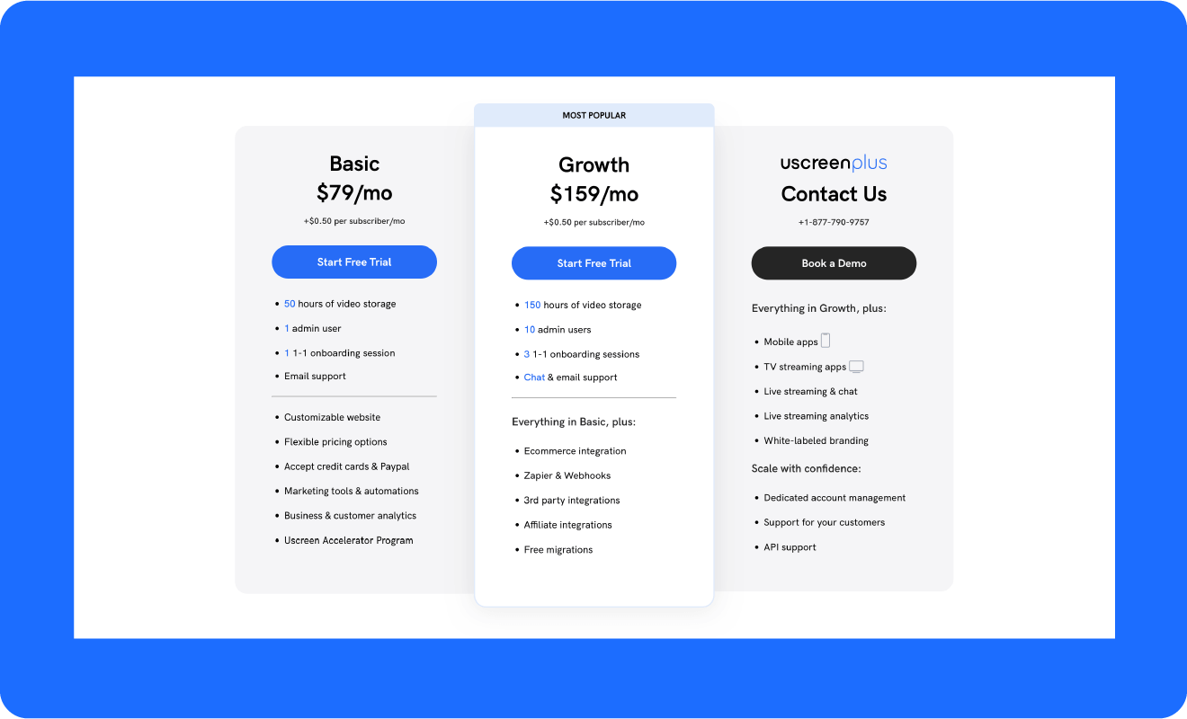 A screenshot of Uscreen’s pricing page, one of the best video storage solutions.
