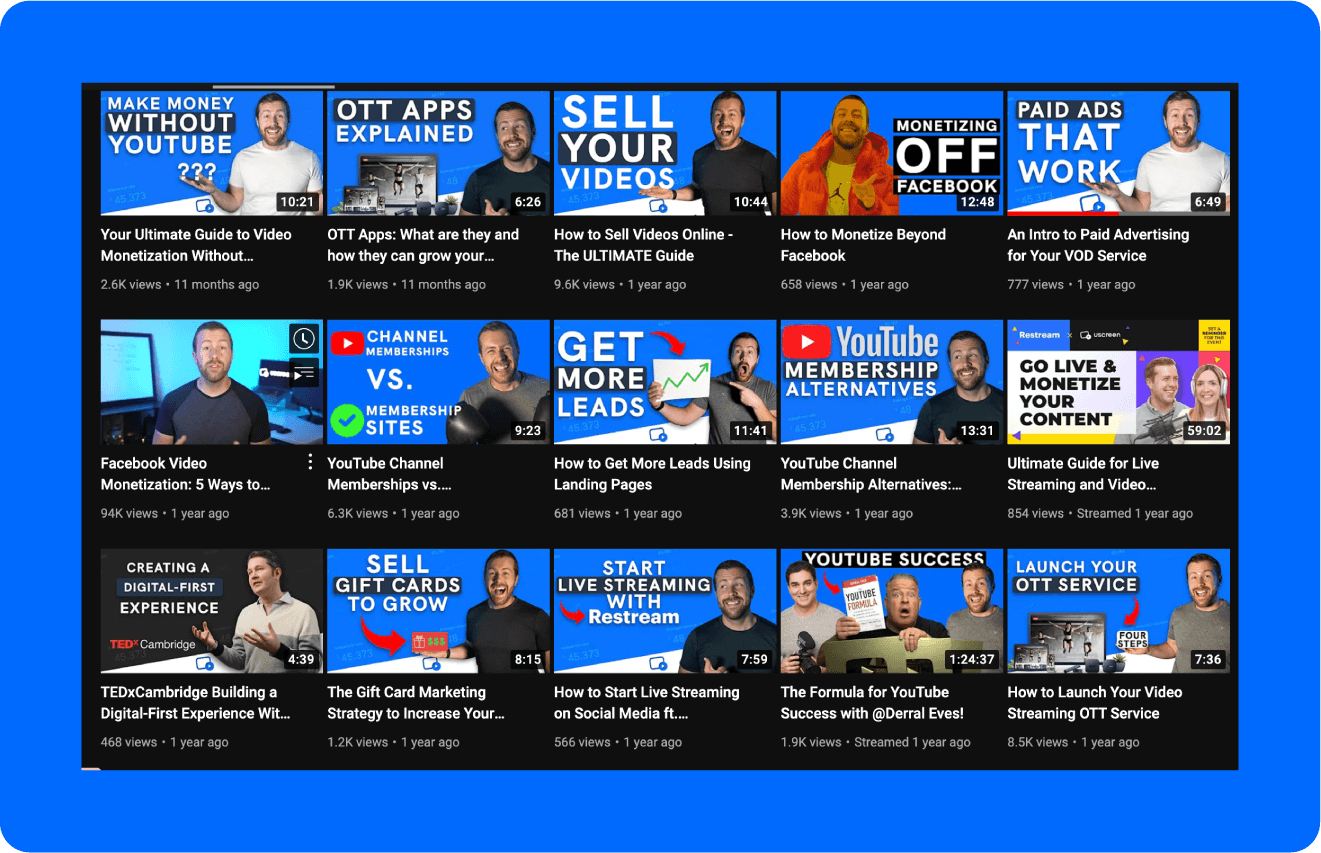 A screenshot of Uscreen’s YouTube channel thumbnails.