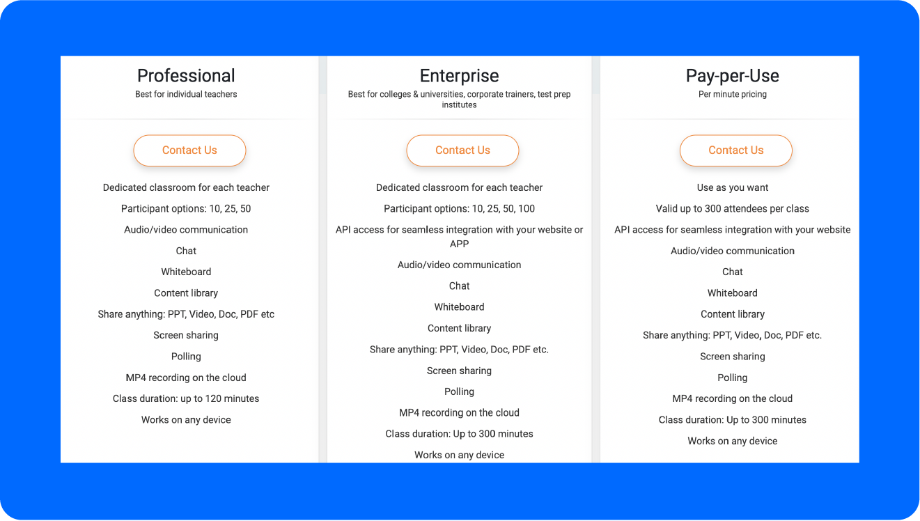 A screenshot of WizIQ’s pricing page, one of the leading Podia alternatives.