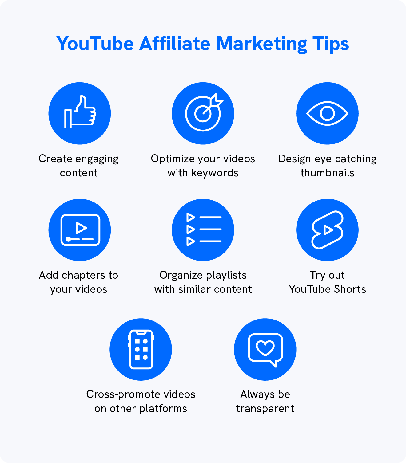 A graphic goes over some YouTube affiliate marketing tips.