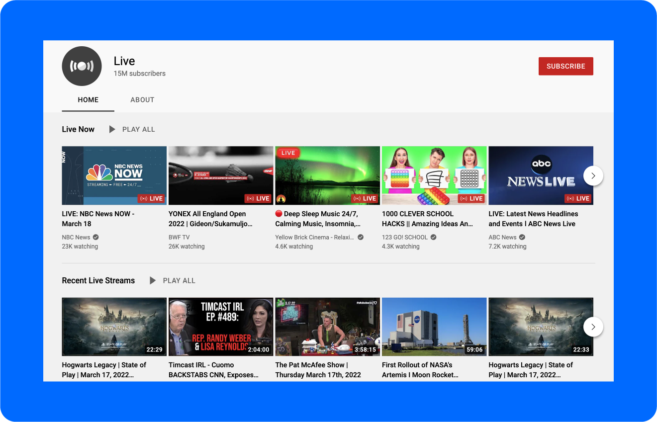 A screenshot of YouTube Live home screen.