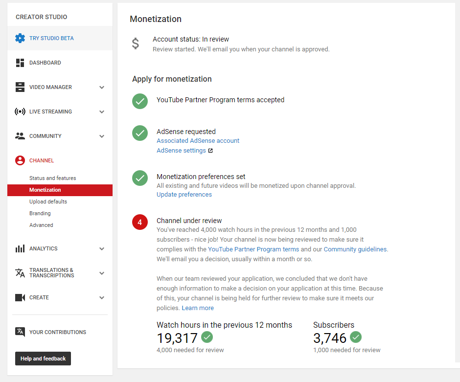 YouTube streaming monetization options.