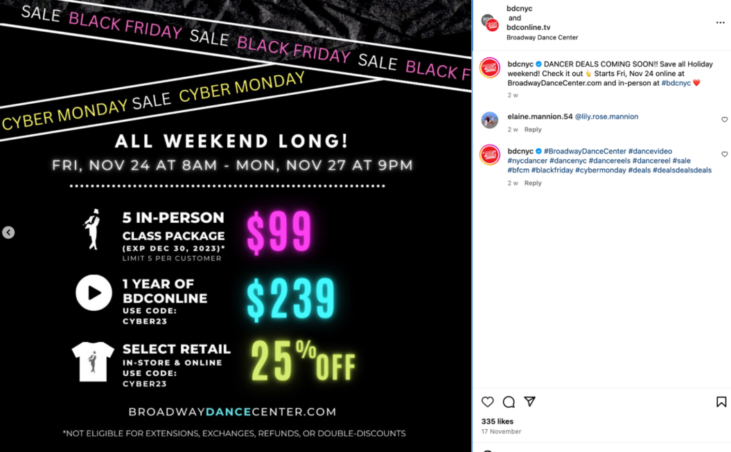 Image showing Broadway Dance Center's Black Friday deal for their membership plans.