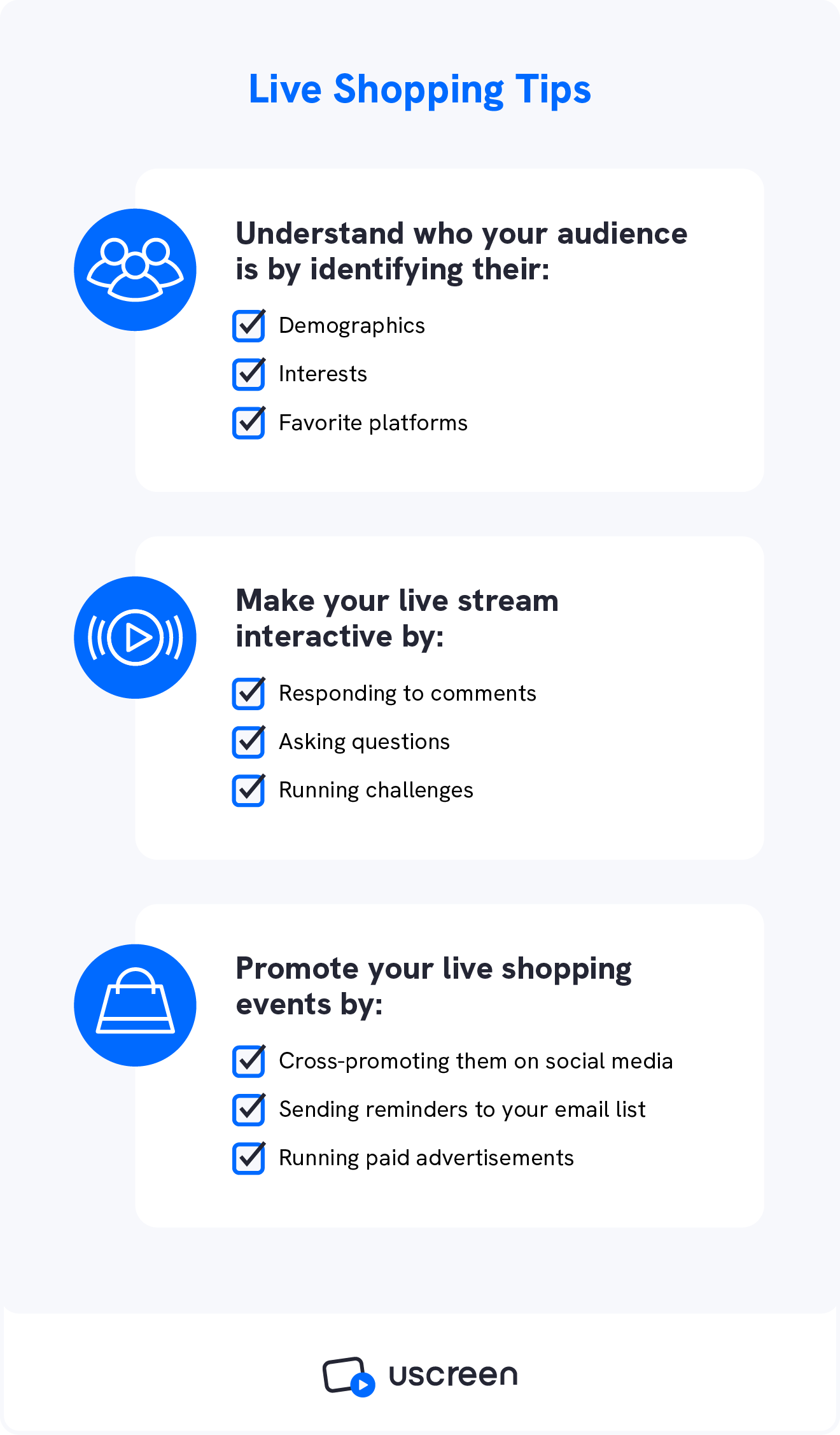 A graphic shows checklists with tips for live shopping.