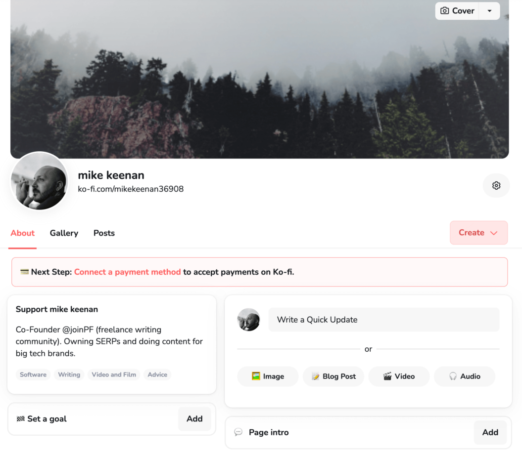 A screenshot shows Mike Keenan's profile on Ko-fi, an alternative to Patreon.