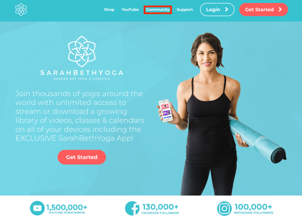 Sarah Beth Yoga membership site homepage screenshot.