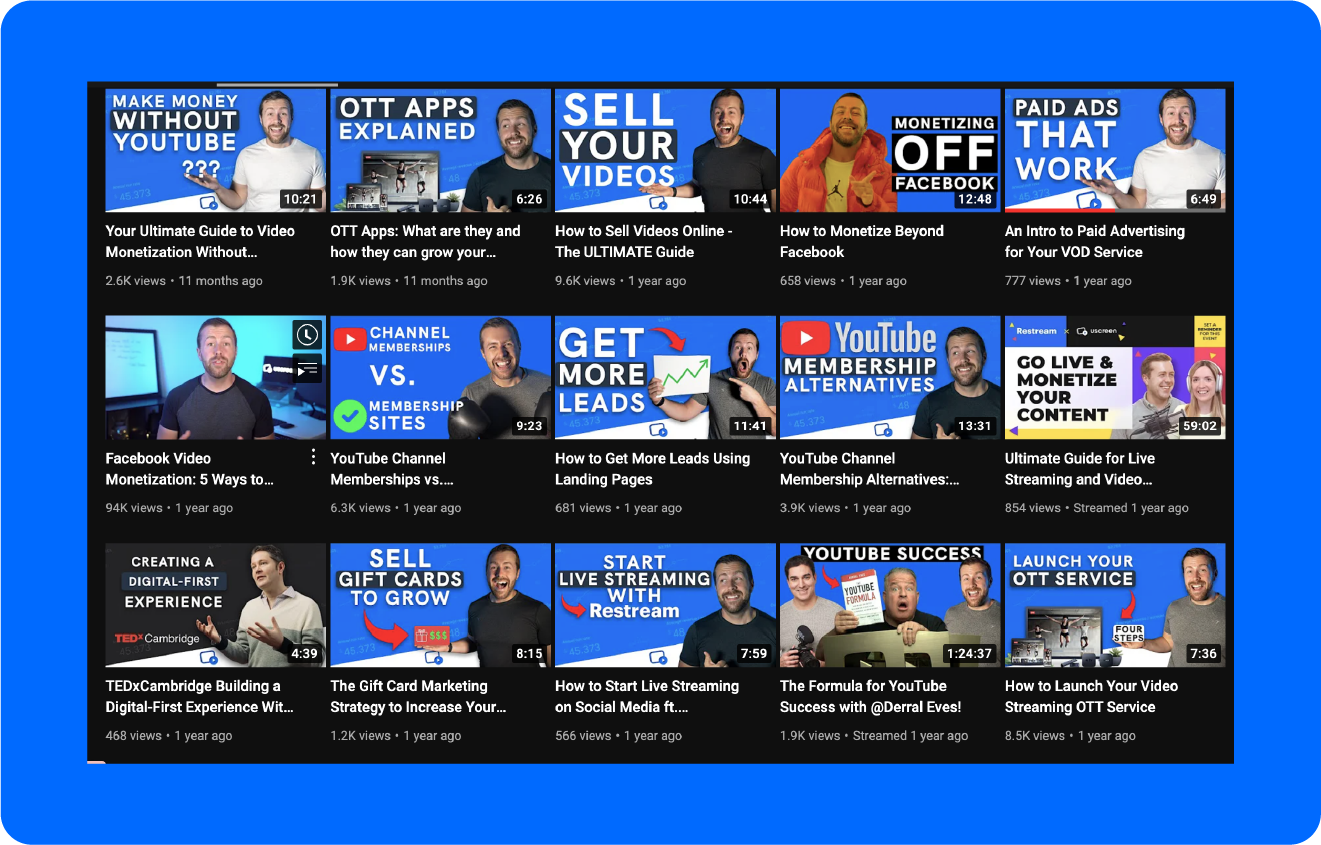 A screenshot of Uscreen's YouTube video thumbnails.