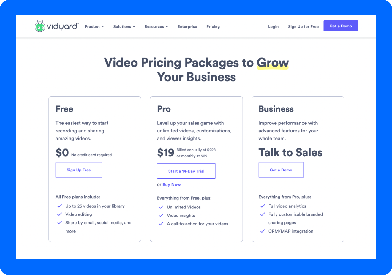 A screenshot of the pricing plans a video hosting site called Vidyard has to offer.