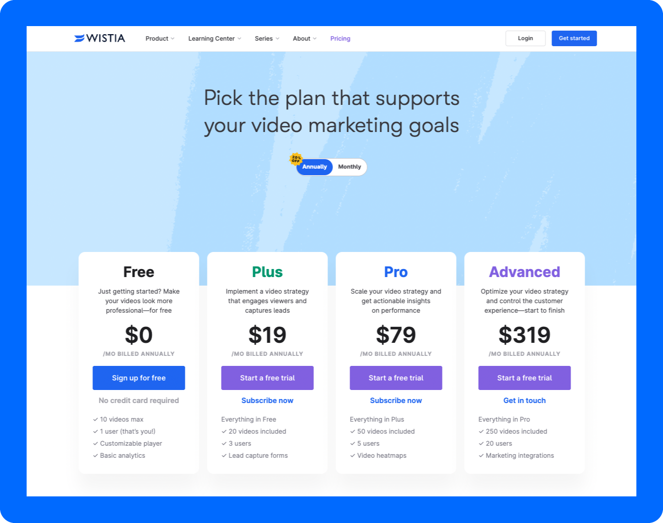 A screenshot of the pricing plans a video hosting site called Wistia has to offer.