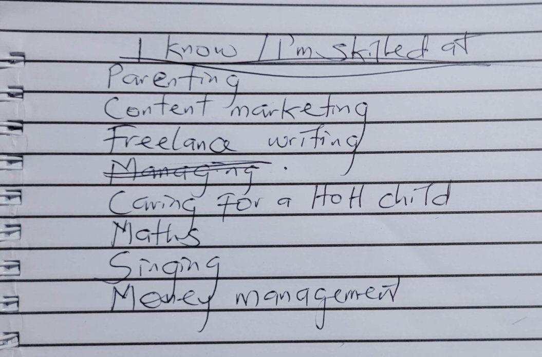 An image shows a notebook with skills written down.