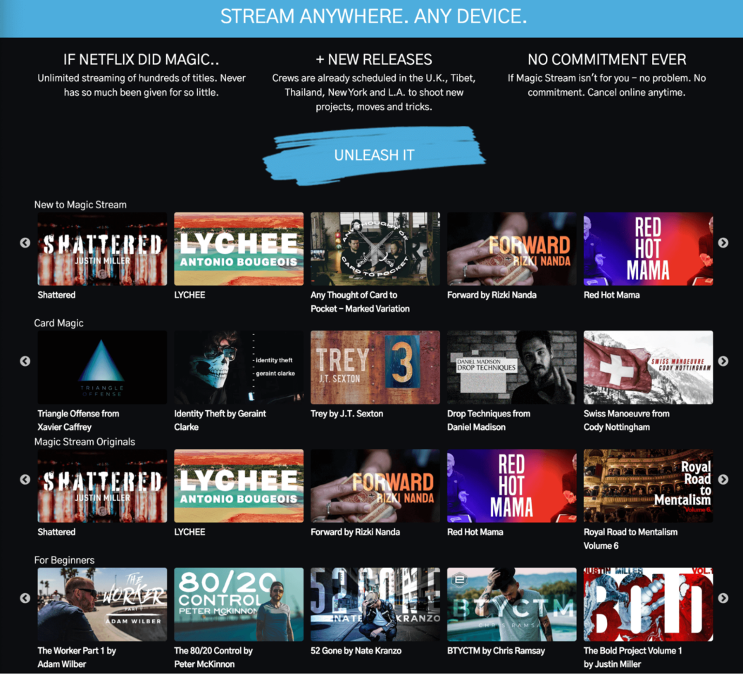 A screenshot shows Magic Stream's video content library organized in a Netflix-like style.