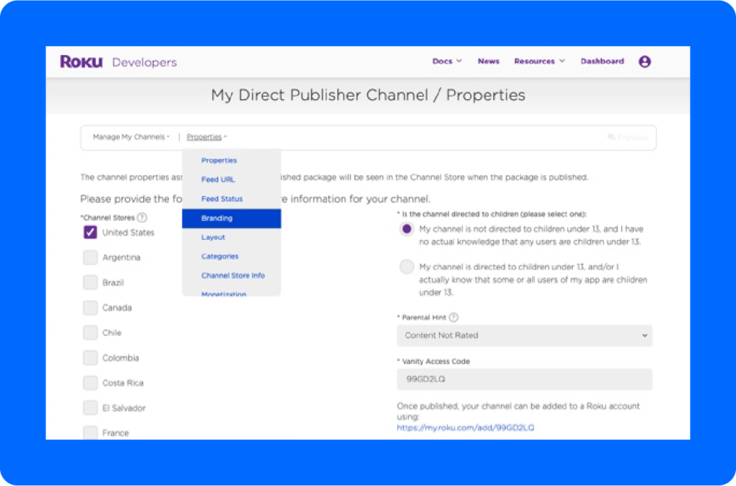 A screenshot of Roku's direct publisher page.