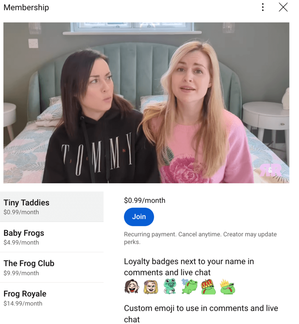 Rose and Rosie offer 4 different tiers, ranging from $.99/month for the “Tiny Taddies” to $14.99  for the “Frog Royale” members. 