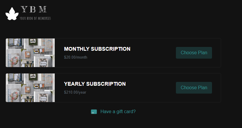 A screenshot of Your Book of Memories' monthly and annual subscription plans.