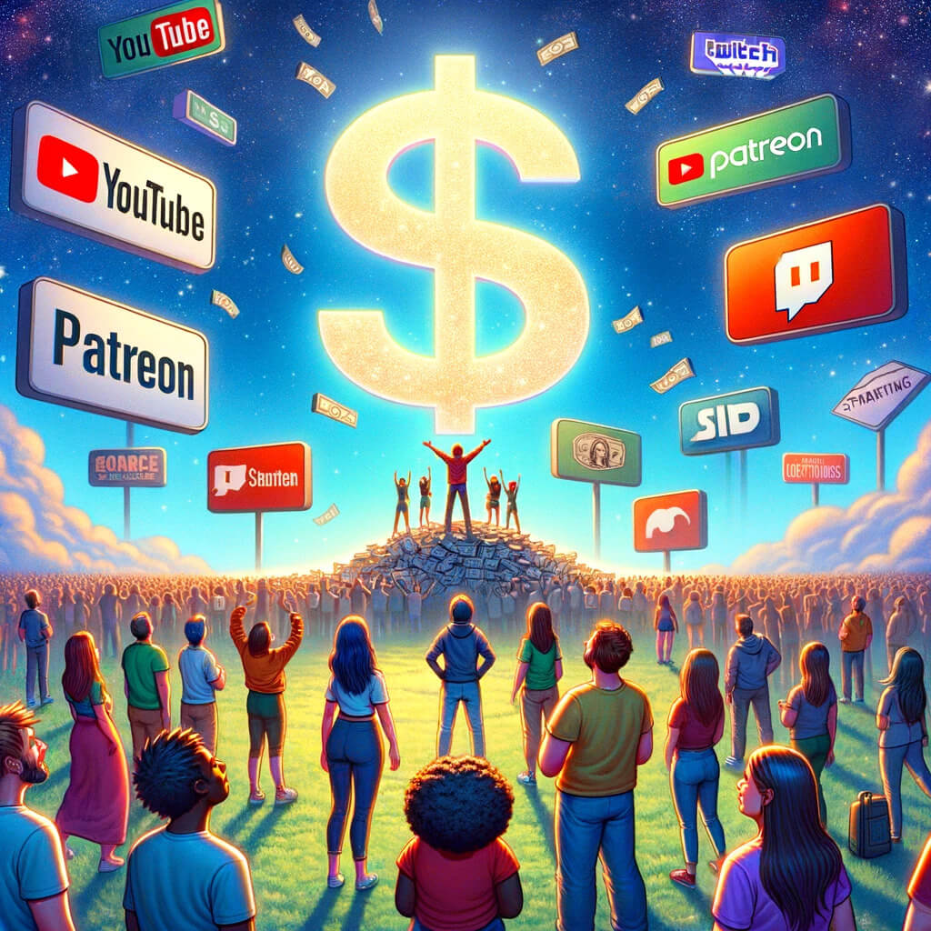 an illustration showing creators crowding around to see the popular streaming/content monetization platforms