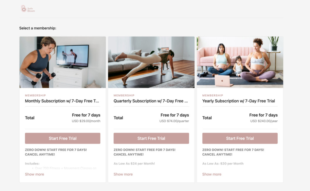 Image showing different membership subscription plans for Studio Bloom.