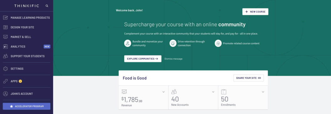 A screenshot shows how Thinkific empowers online course creators to build an online community around their content.