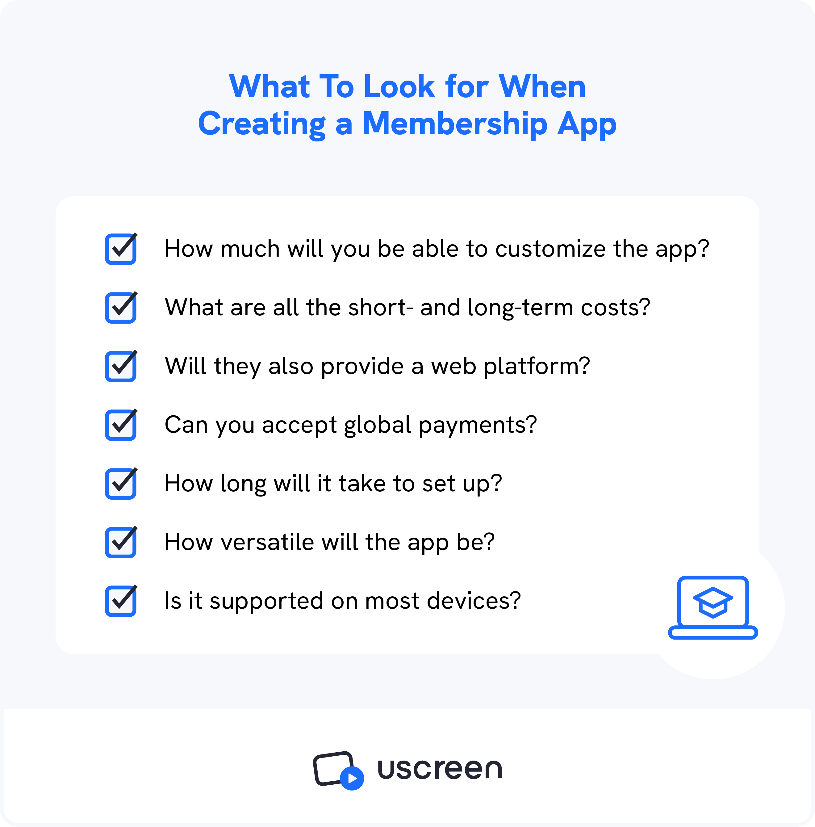 A graphic shows what to look for when launching a membership app.