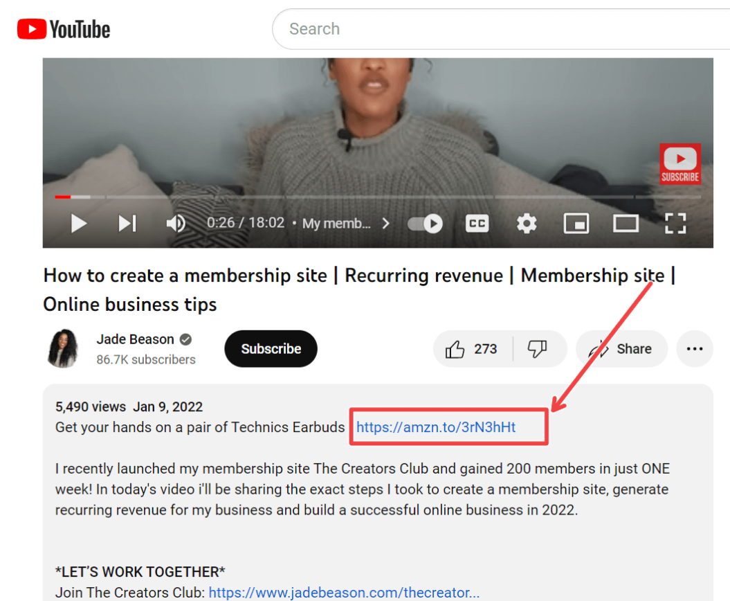 A screenshot of a YouTube video description promoting affiliate marketing links.