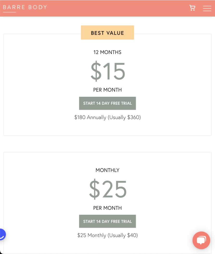 A image showing both monthly and annual membership plans for Barre Body.