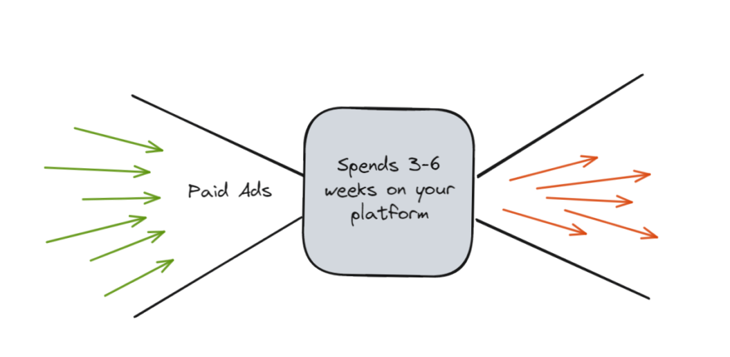 A graph of how members from paid ads churn after 3-6 on a membership platform.