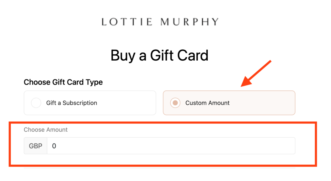 A screenshot for gift cards from video business Lottie Murphy.