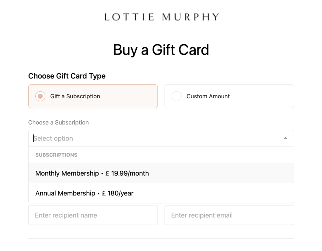 A screenshot for gift cards from video business Lottie Murphy.