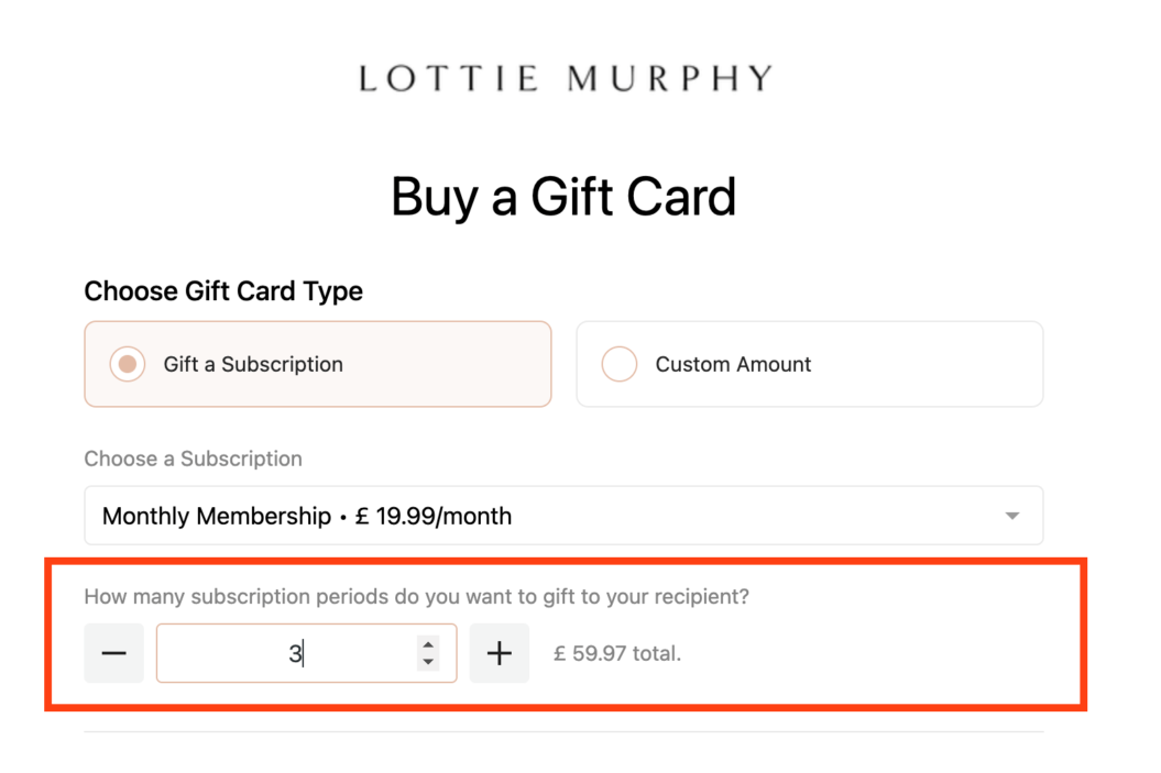 A screenshot for gift cards from video business Lottie Murphy.