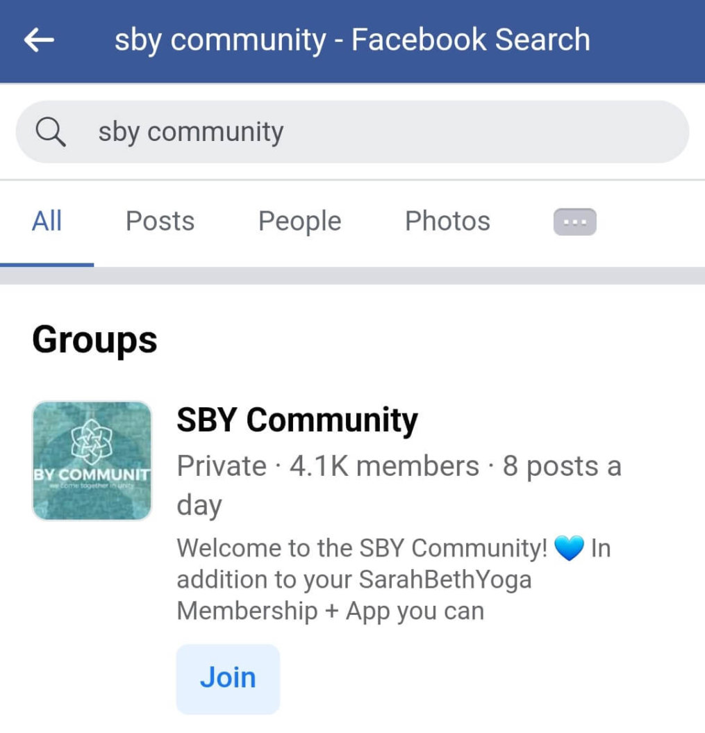 A screenshot of Sarah Beth Yoga's Facebook community.