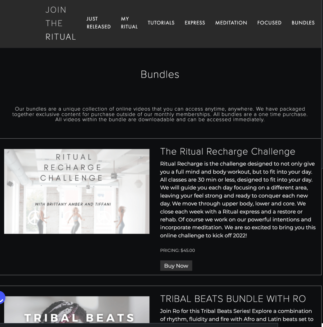 A screenshot of the various bundles The Ritual, a subscription based business, offers.