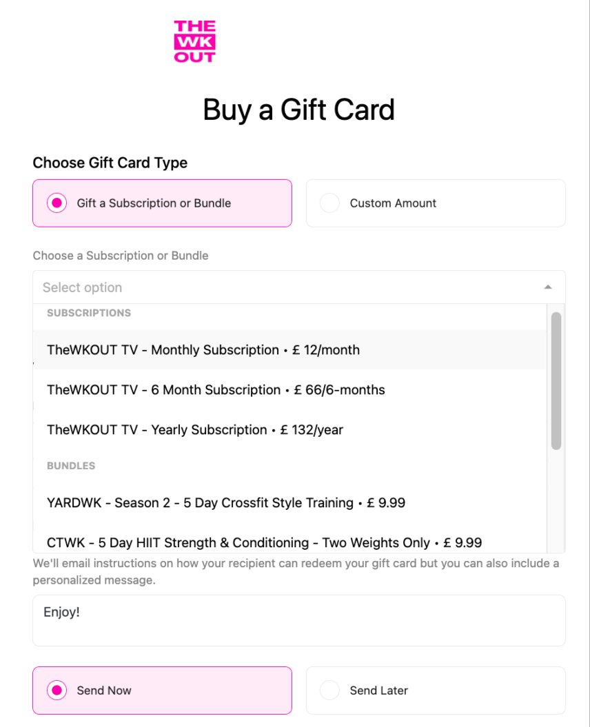 A image of a gift card from subscription based business called TheWKOUT.