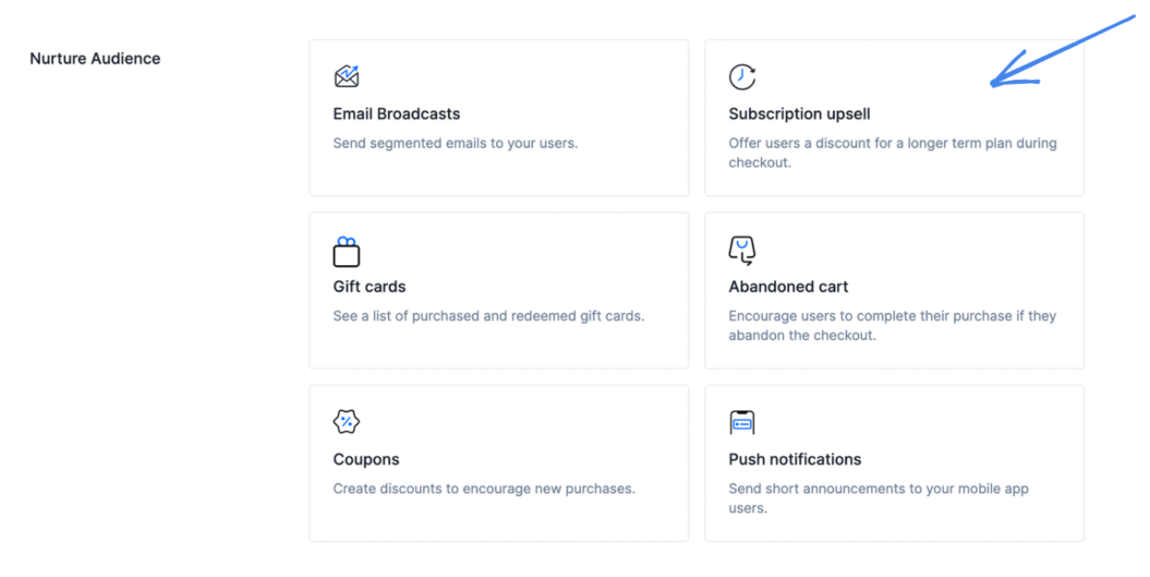 A screenshot of Uscreen's admin dashboard showcasing its subscription upsell feature.