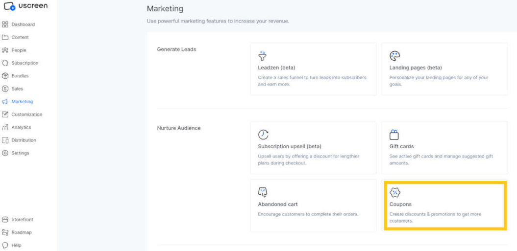 A screenshot of Uscreen's marketing dashboard for features like coupons and discounts for subscriptions and memberships.