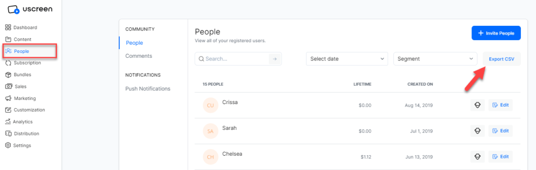 A screenshot of Uscreen's people exports feature.