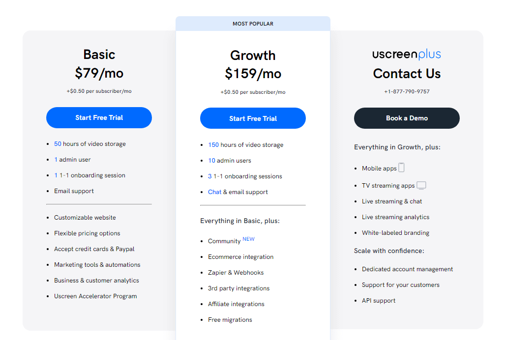 An image of Uscreen's pricing plans including UscreenPlus where you can request live streaming apps.