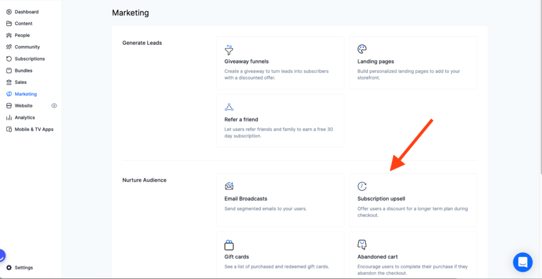 A screenshot of Uscreen's admin dashboard for marketing tools such as subsciption upsell.