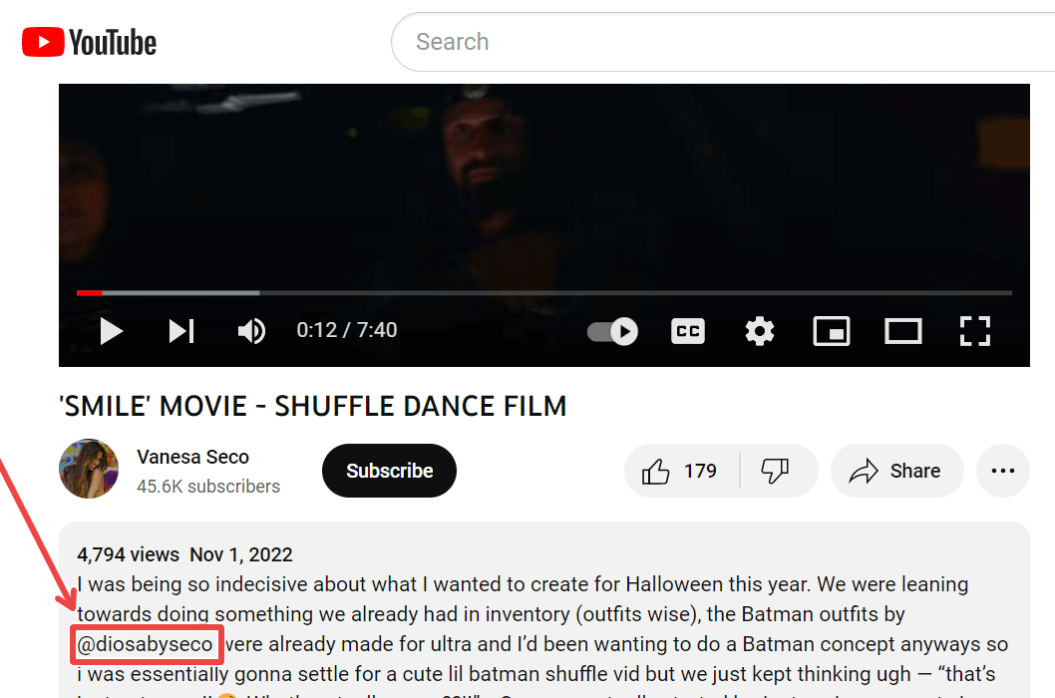 A screenshot of a YouTube video description mentioning merch from a brand.