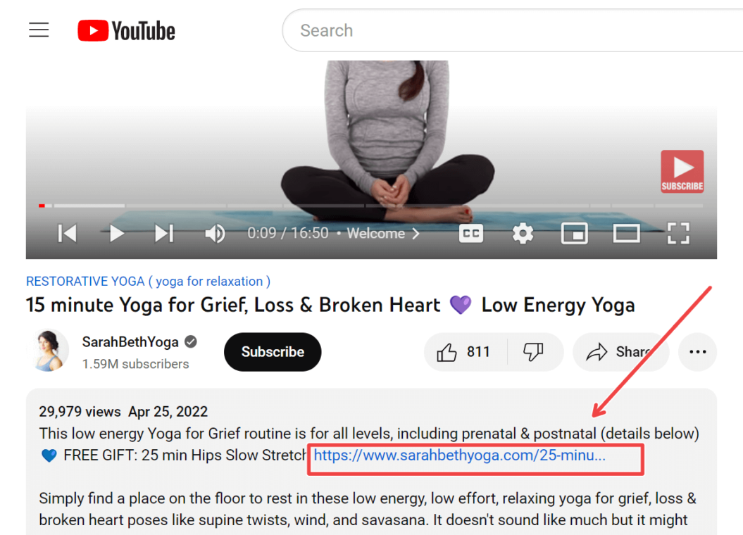 A screenshot of a YouTube video description for Sarah Beth Yoga's channel with an external link to her video membership site.