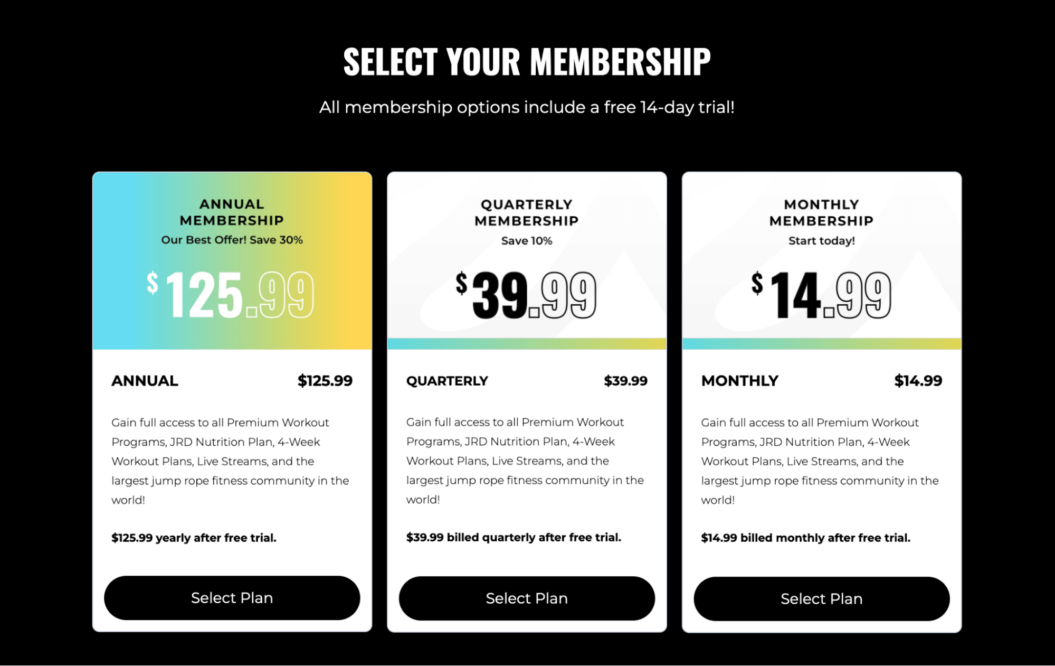 Image showing 3 membership plans offered by a membership program.