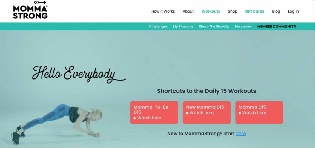 A screenshot of MommaStrong membership website homepage.