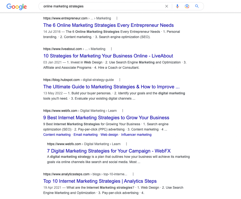 A screenshot of a Google Search engine results page for the phrase "online marketing strategies".