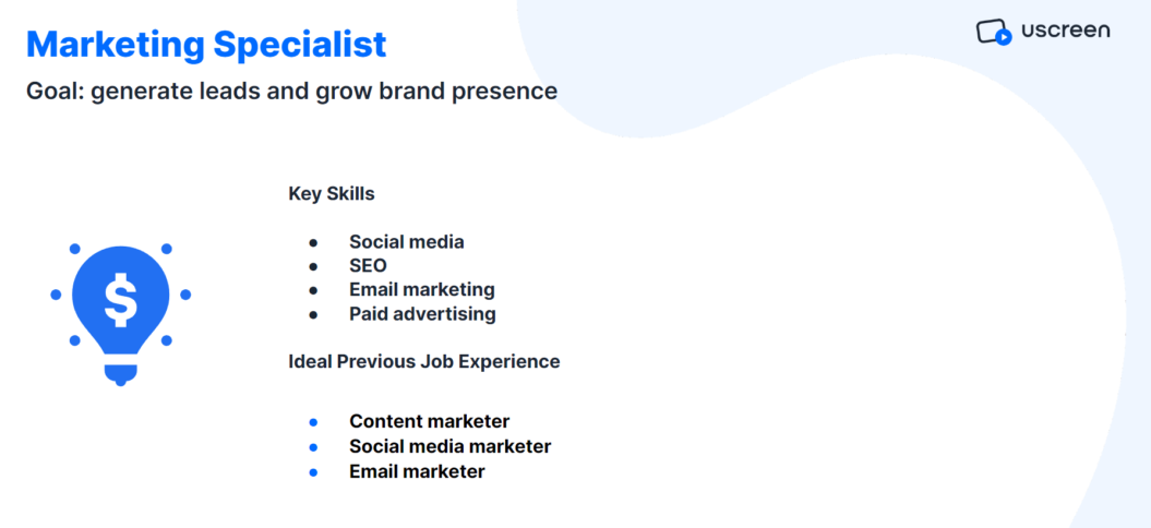 An image showing the skillset required for a marketing specialist hire.