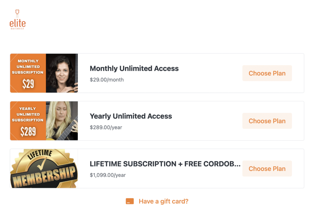 Screenshot of monthly, yearly and lifetime subscription plans for membership website Elite Guitarist.